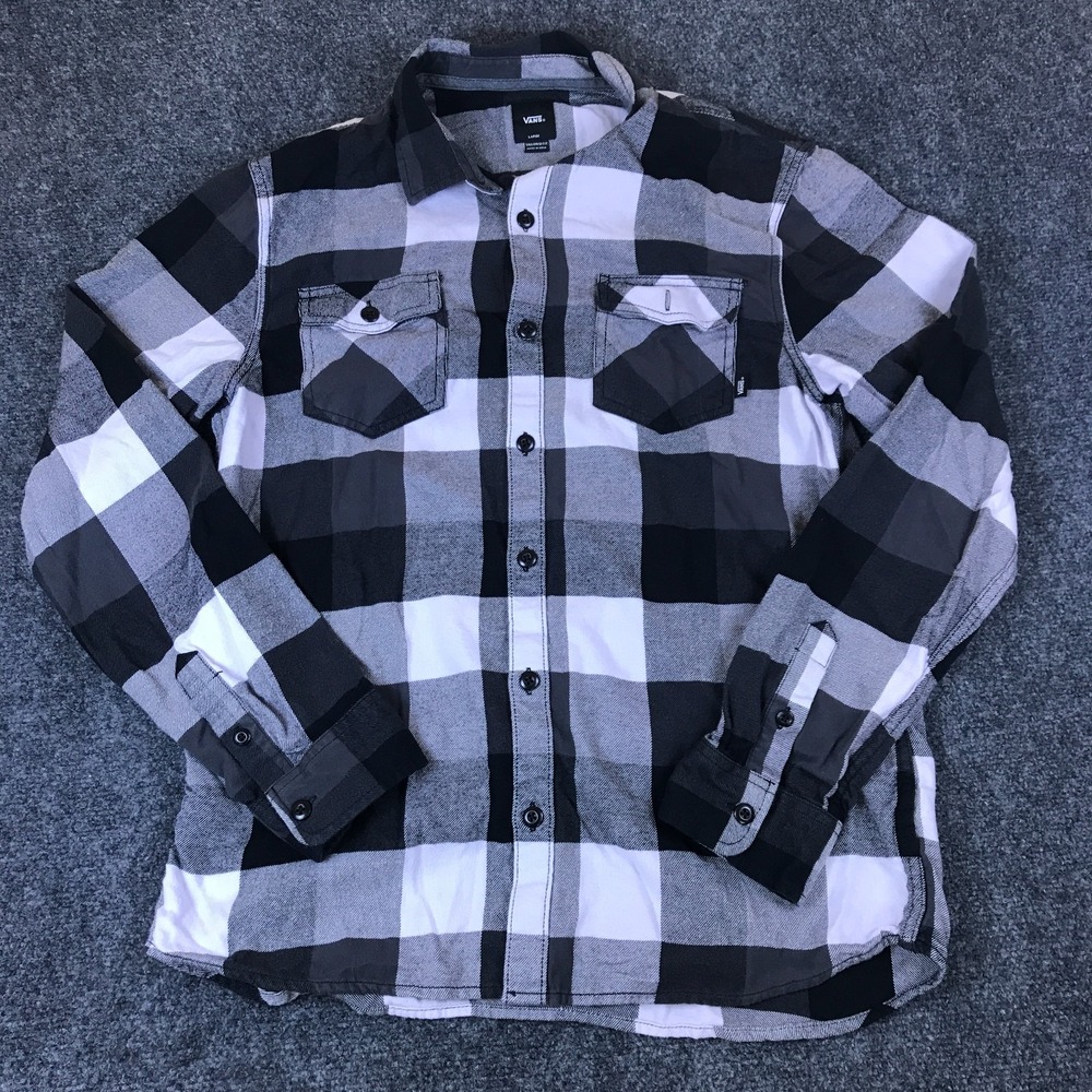 Vans Box Flannel Shirt Men Large Black White Check Cotton Tailored Fit Button Up